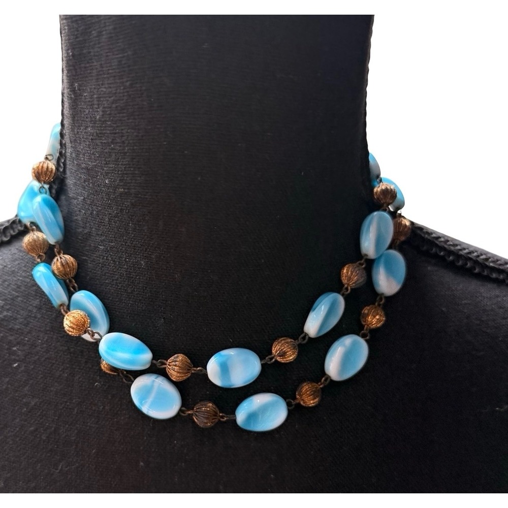 Vintage‎ W. Germany Blue Art Glass Bead Necklace Double Strand Marbled Turquoise